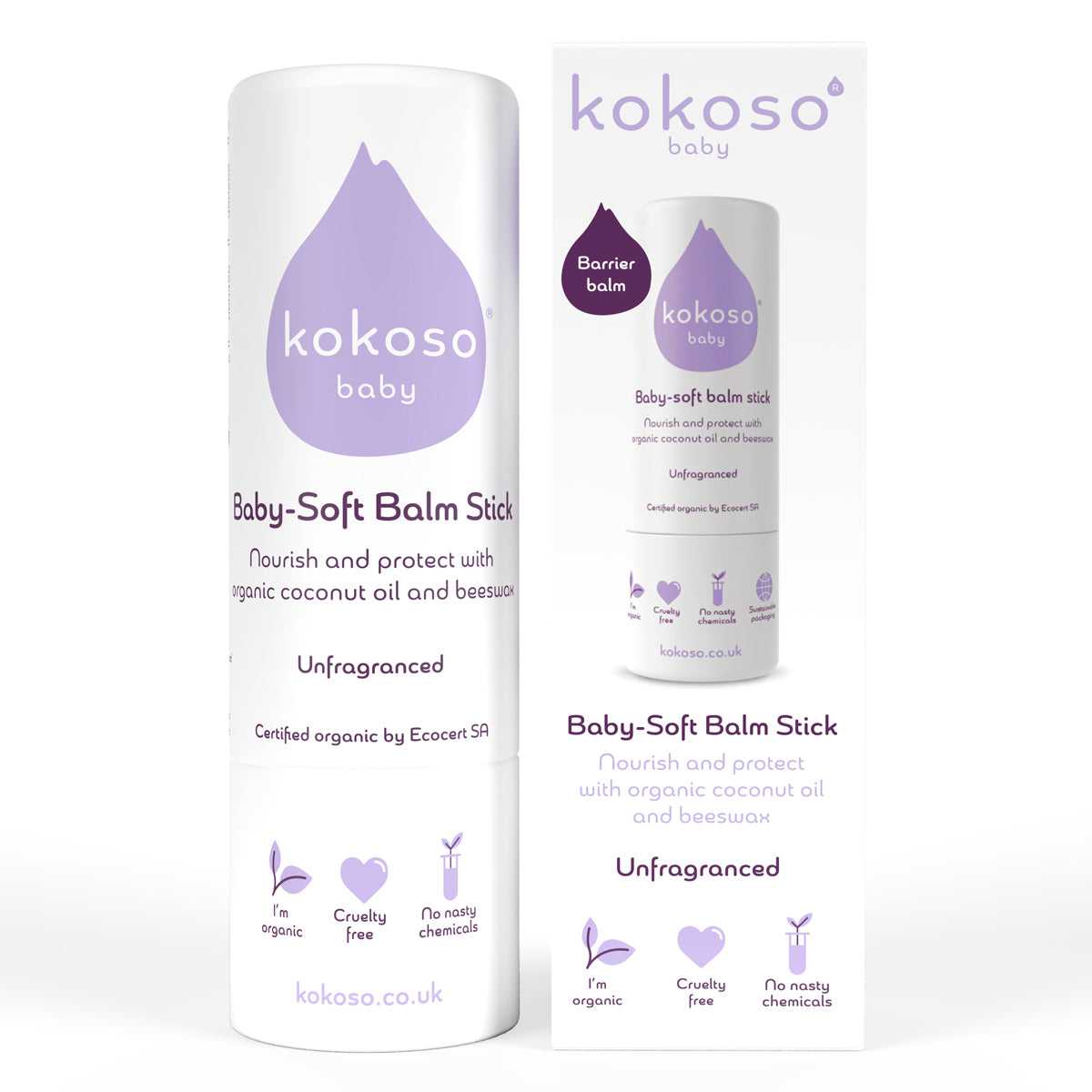 Kokoso unfragranced organic baby balm stick on a white background