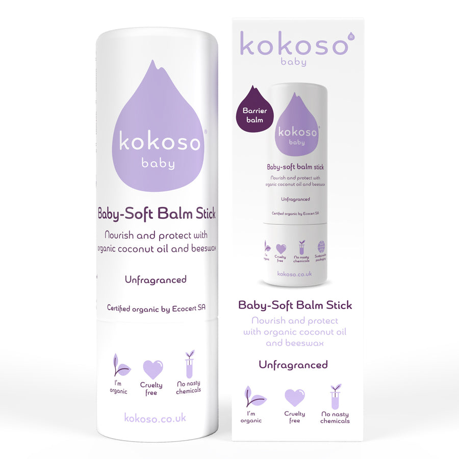 Kokoso unfragranced organic baby balm stick on a white background