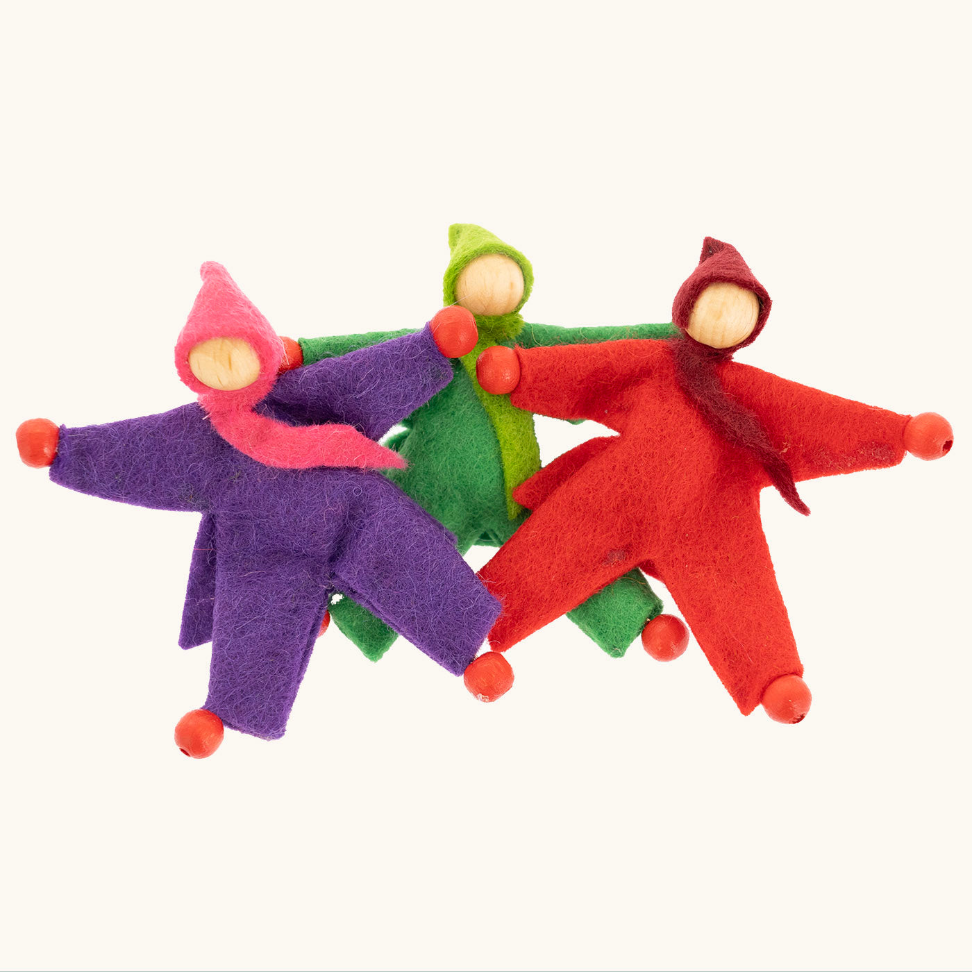 different colour peg dolls toys made from felt with wooden heads