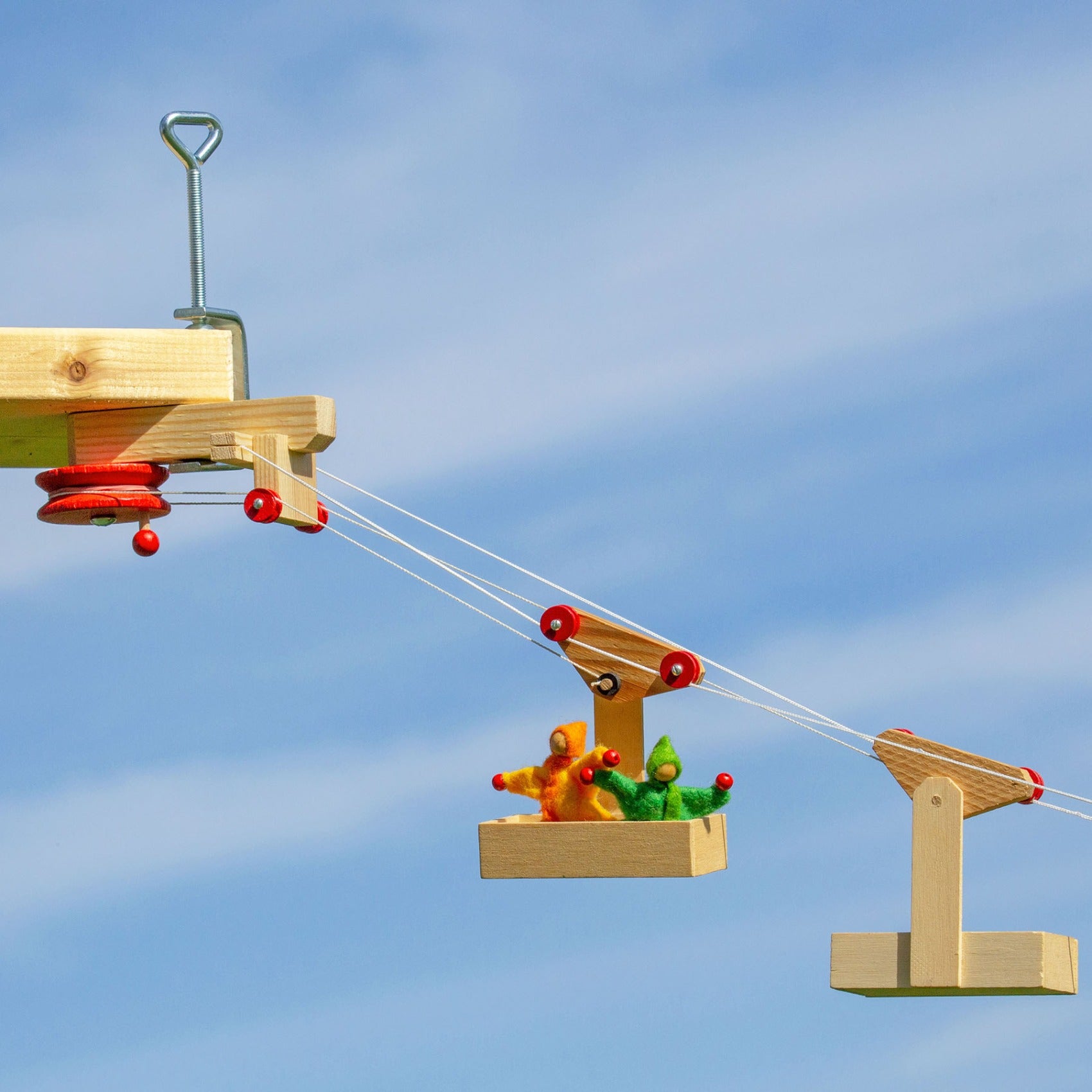 The Kraul Mini Cable Car Set with two Gondolas and a Sation. One gondola has two tiny dolls inside.