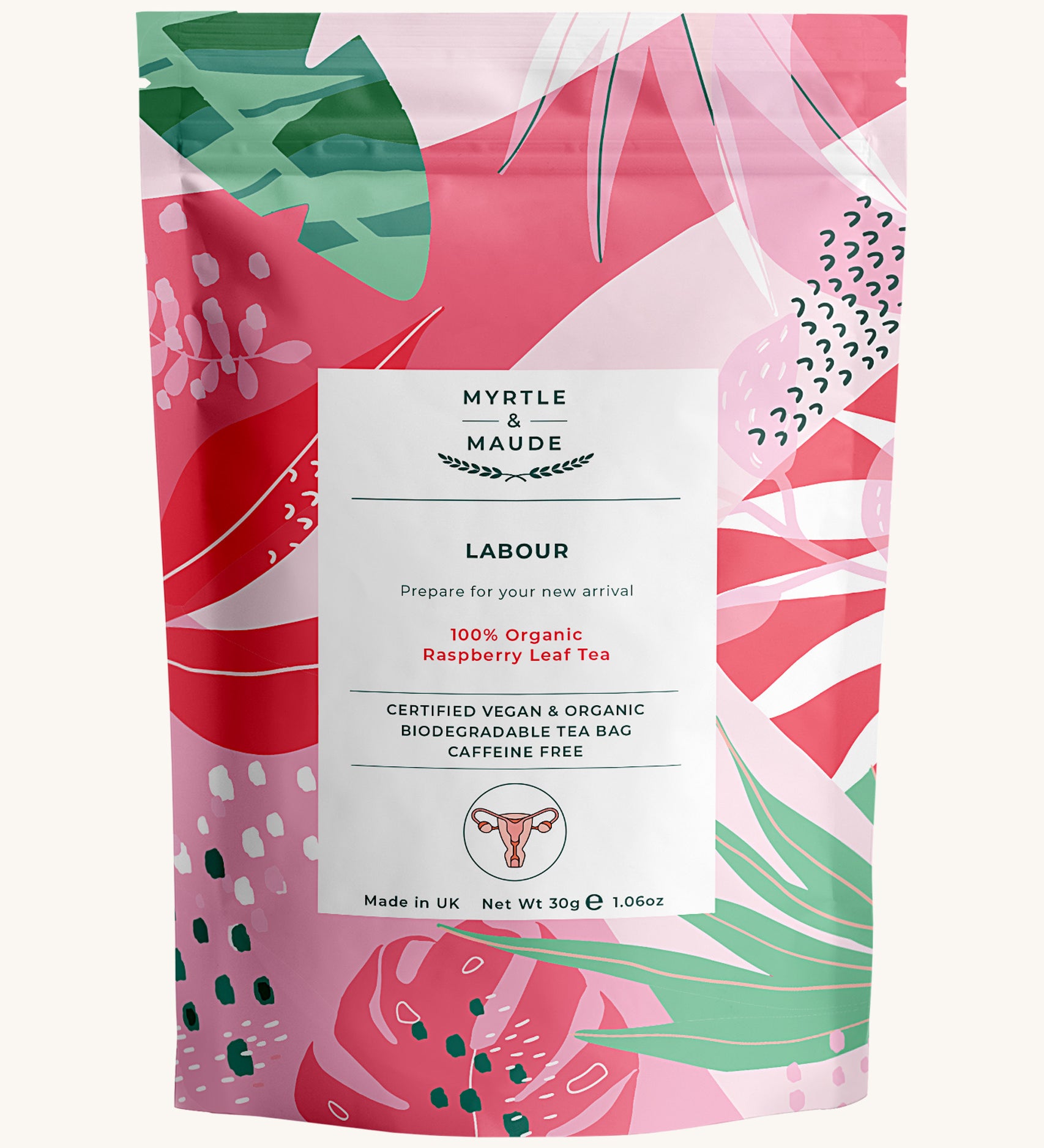 Light and dark pink with green leaves labour tea on a cream background.