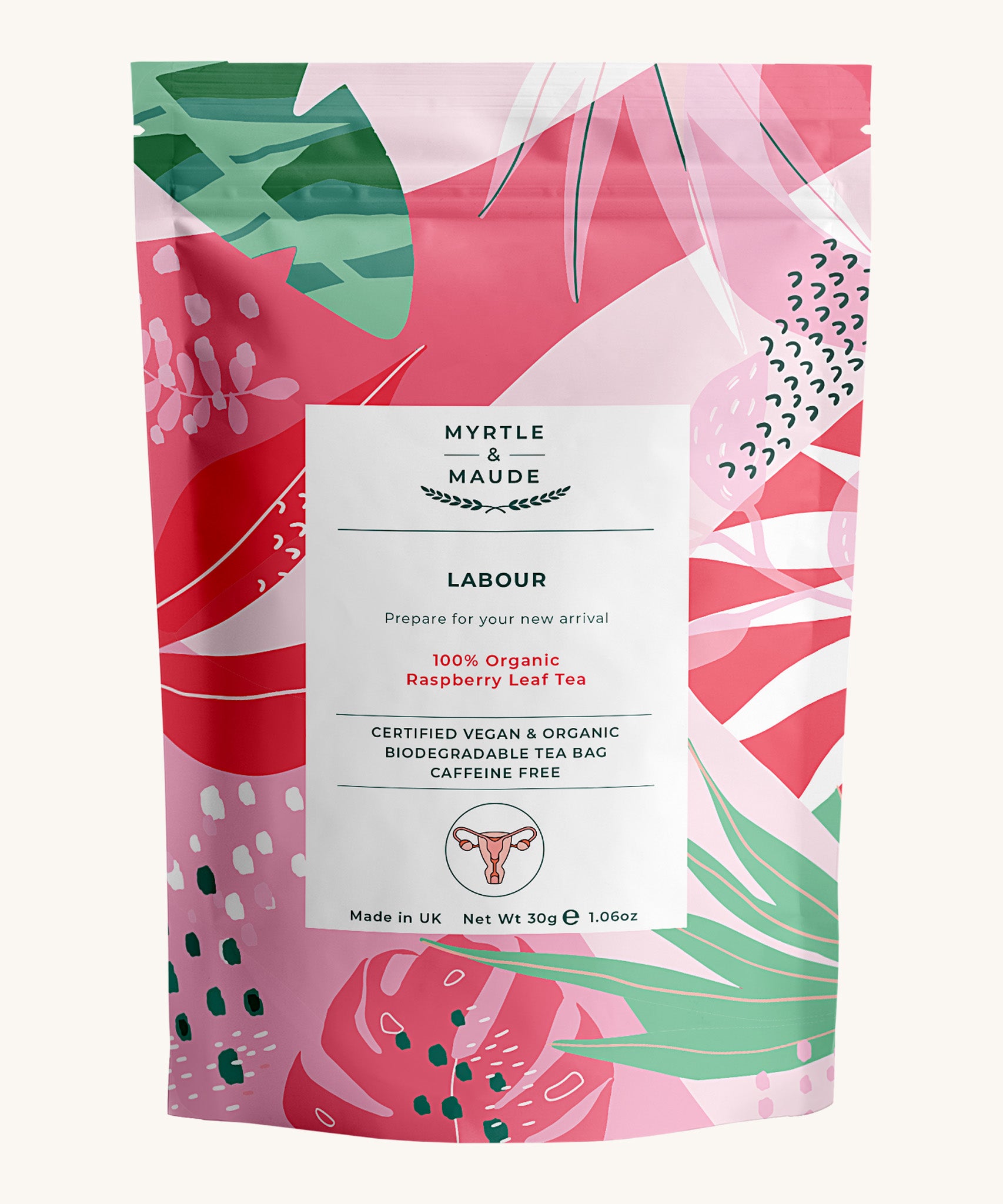 Light and dark pink with green leaves labour tea on a cream background.