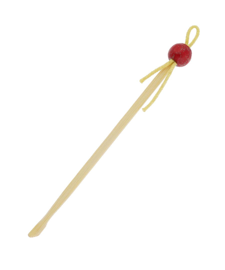 Lamazuna Wooden Bamboo Ear Swab Stick, with a red bead and yellow cord, on a white background