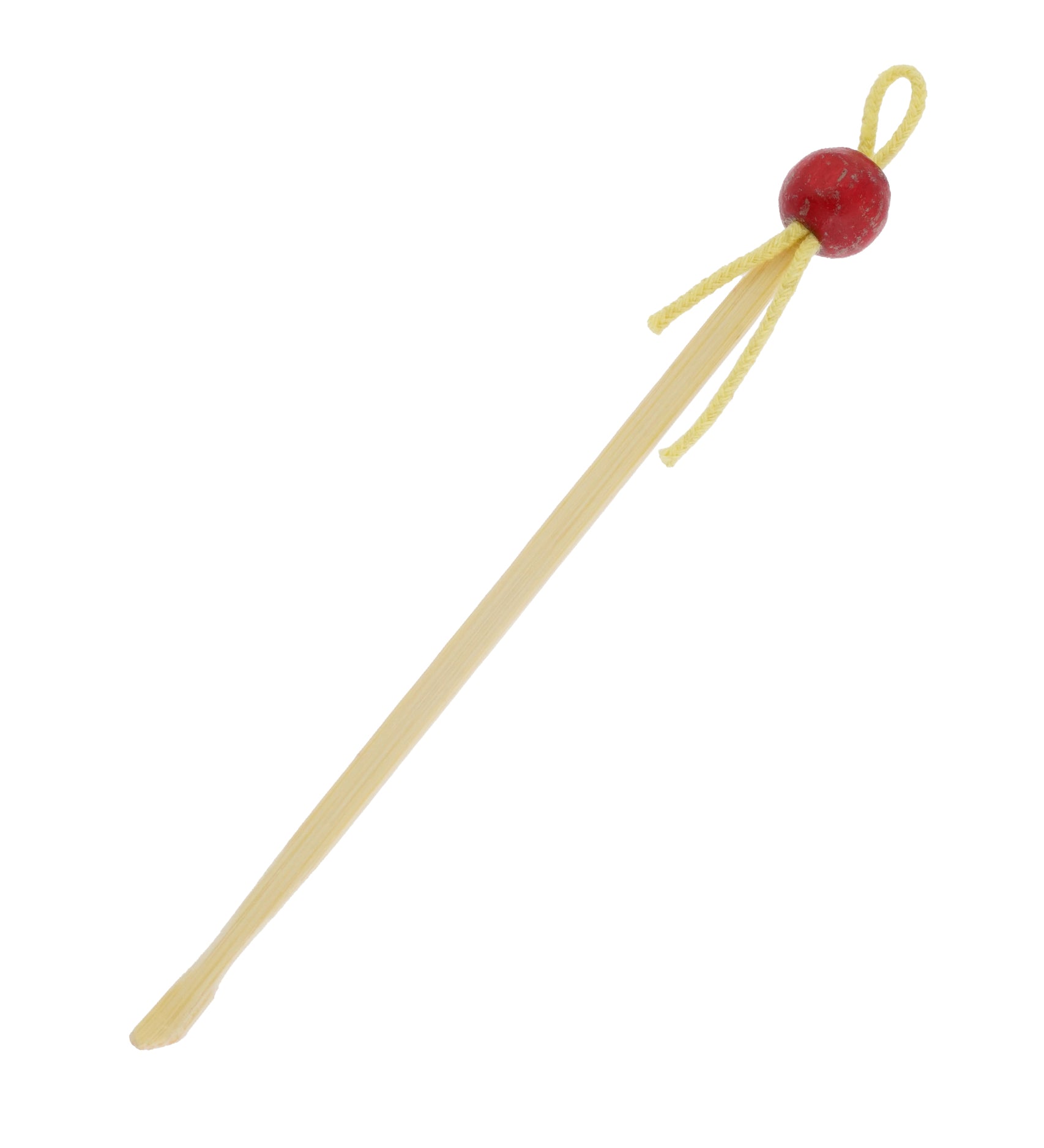 Lamazuna Wooden Bamboo Ear Swab Stick, with a red bead and yellow cord, on a white background