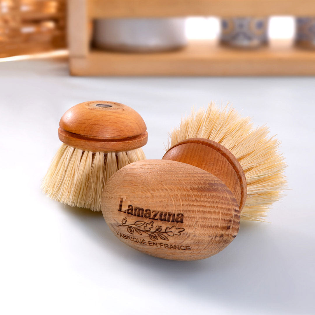 Lamazuna Replaceable Head Wooden Dish Brush pictured next to replaceable head