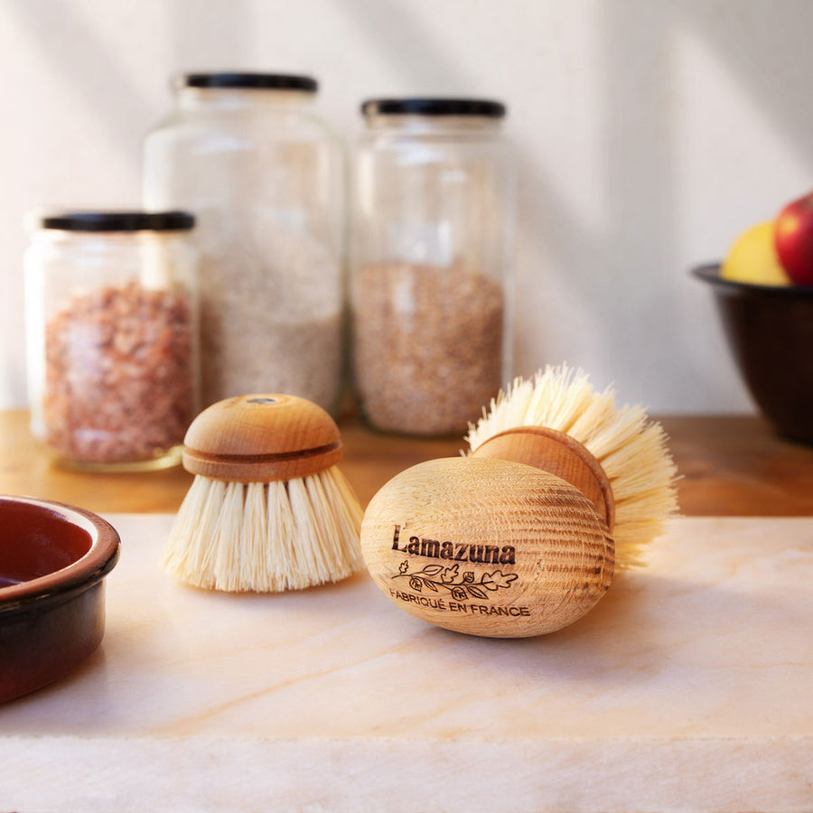 Lamazuna Replaceable Head Wooden Dish Brush pictured next to replacement head