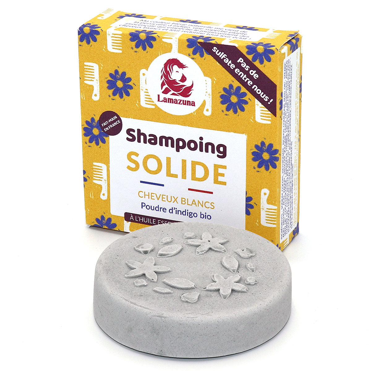 Lamazuna Solid Shampoo for White & Bleached Hair with Indigo Powder with bar pictured next to box on a plain white background