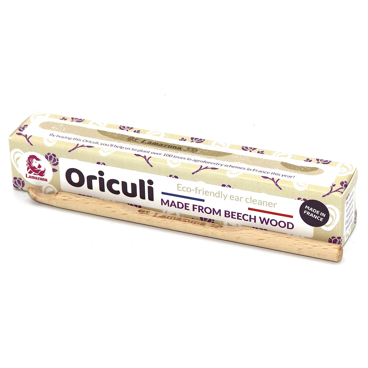 Lamazuna Wooden Oriculi Ear Swab next to packaging pictured on a plain white background