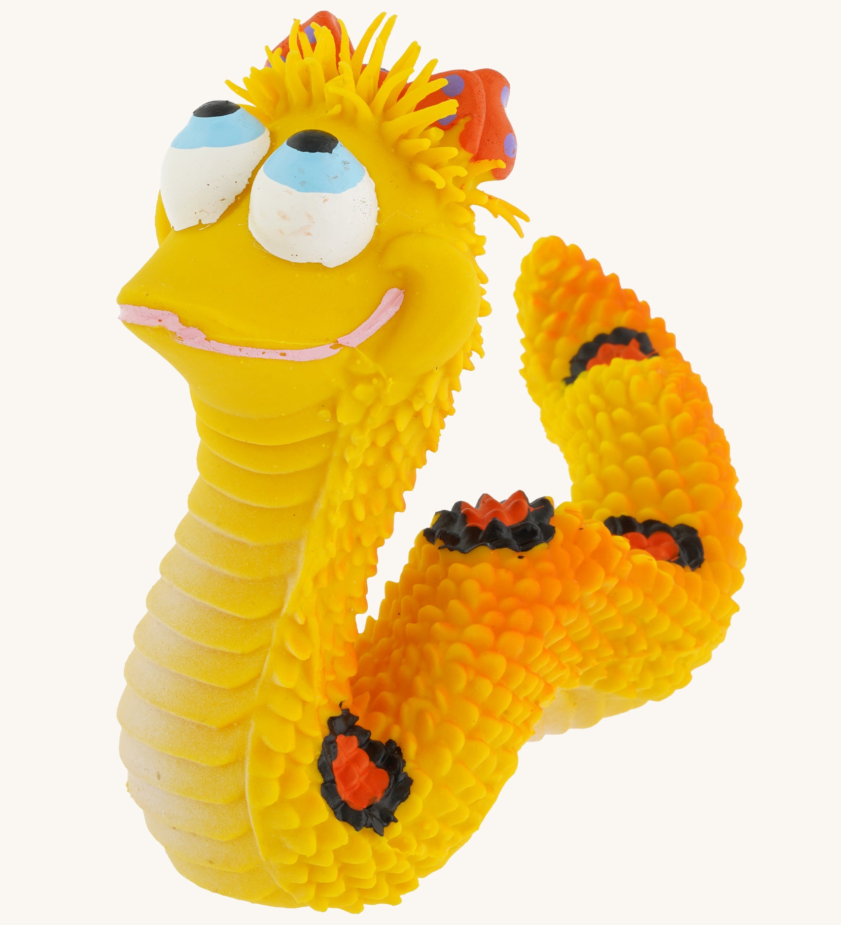 Lanco Maggie The Snake 100% Natural Rubber Sensory Toy - Yellow, on a cream background