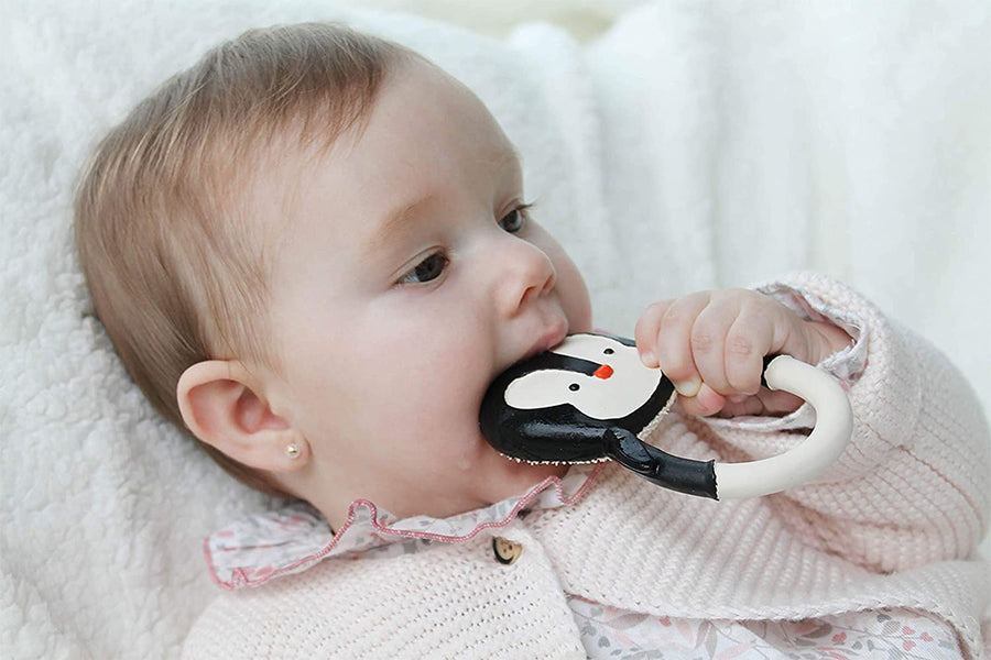 Baby chewing the Lanco Nui the Penguin Teether