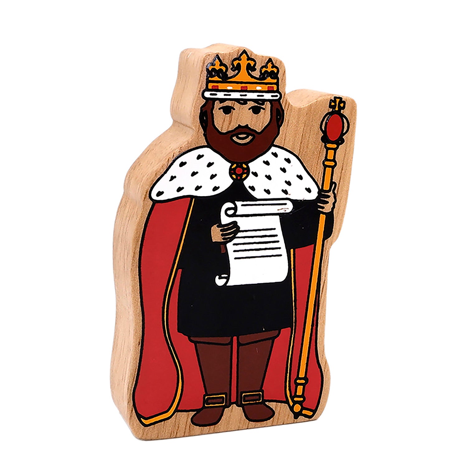 Wooden Lanka Kade King wearing a black outfit, red cape with white trim, crown and a staff.