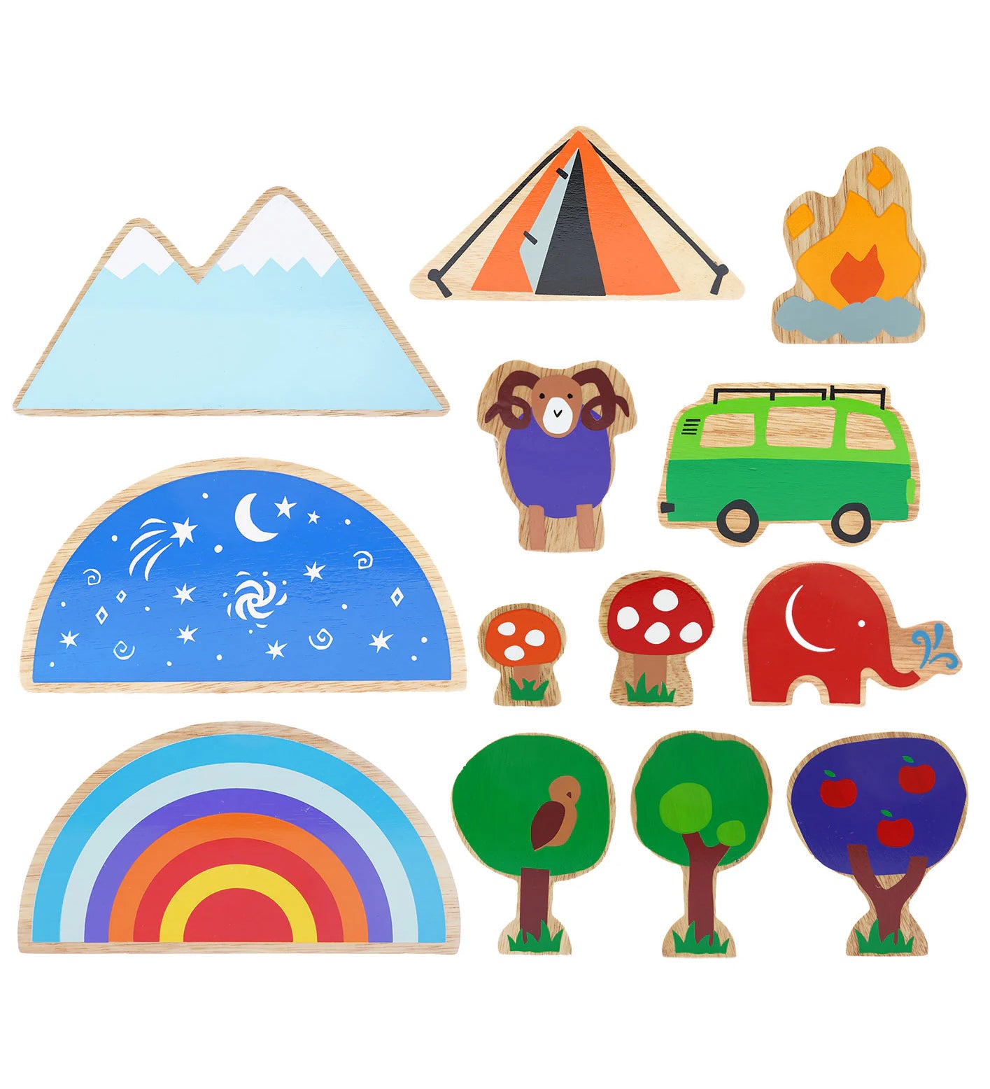 A set of 13 wooden toys from the Dan Y Ser Lanka Kade babipur collaboration collection pictured on a plain background. 