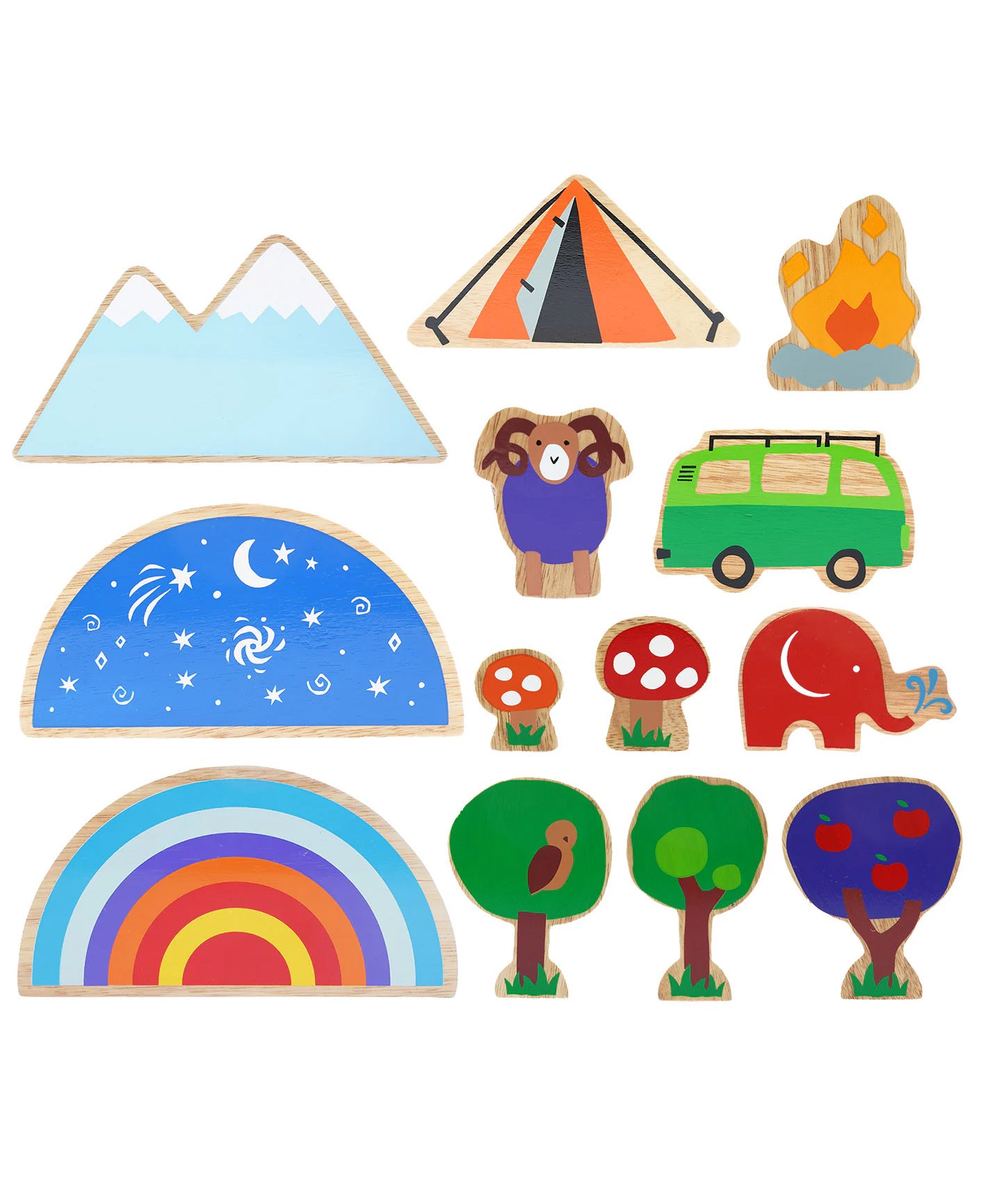 A set of 13 wooden toys from the Dan Y Ser Lanka Kade babipur collaboration collection pictured on a plain background. 