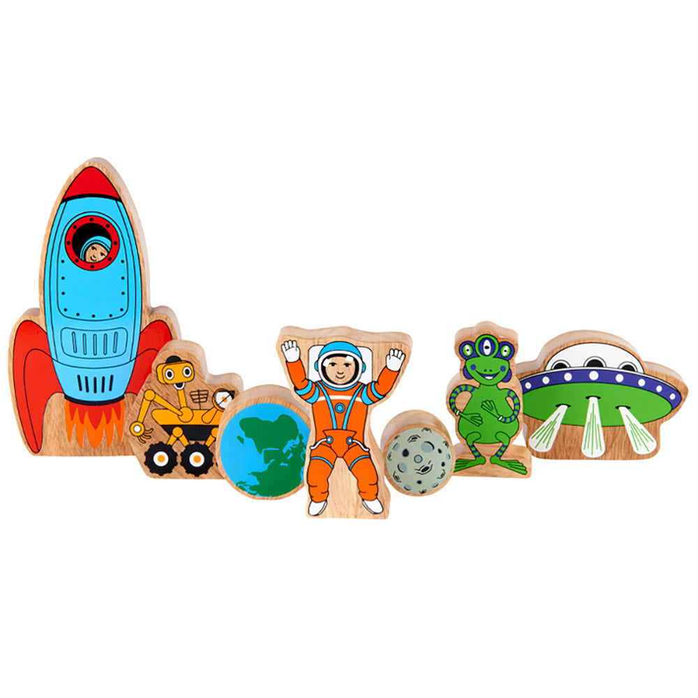 Figures from the Lanka Kade space playset lined up on a white background