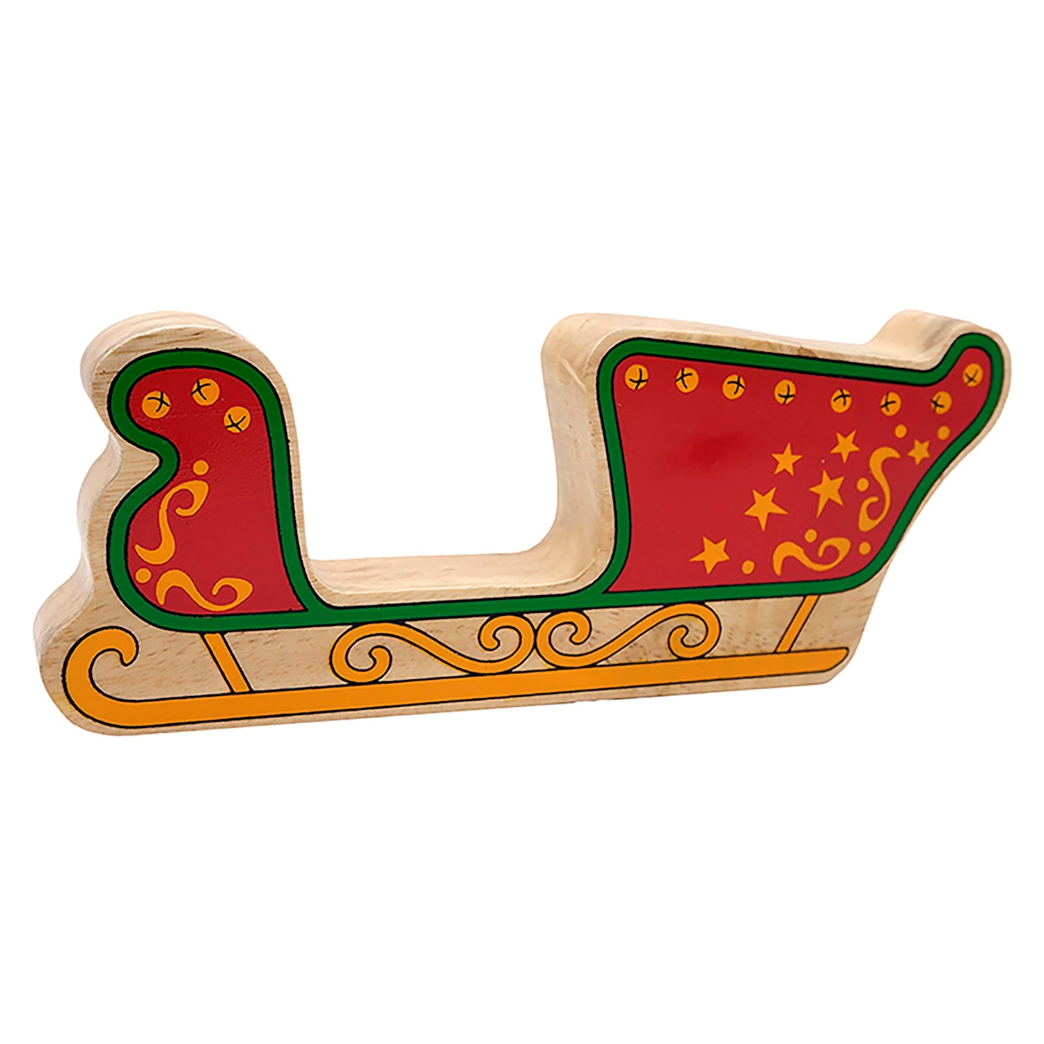 Wooden Lanka Kade red sleigh with yellow bells and star details