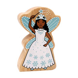 Wooden Lanka Kade snow fairy wearing a white dress with snow flakes