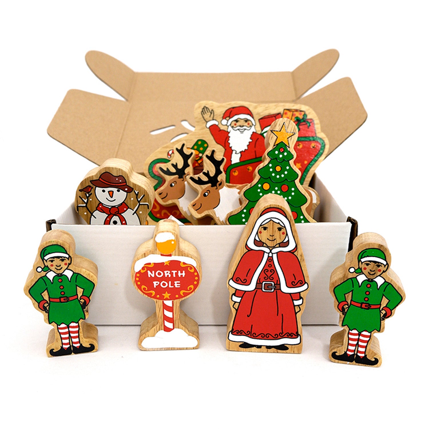 Lanka Kade Wooden Christmas Figures 9 piece set. Figures include Santa in his sleigh