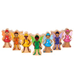 Lanka Kade handmade wooden rainbow fairies in a line on a white background