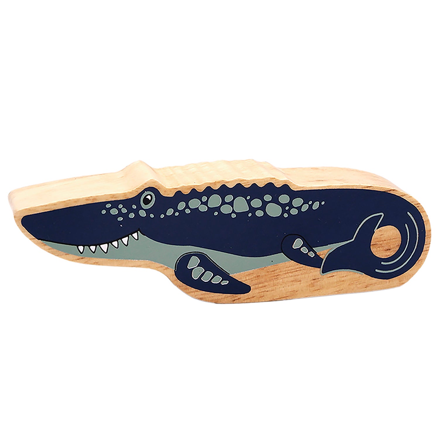 Wooden Lanka Kade Mosasaurus with a dark blue and grey body