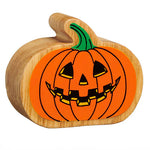 Lanka Kade wooden pumpkin toy with a fun Halloween face detail on one side. 