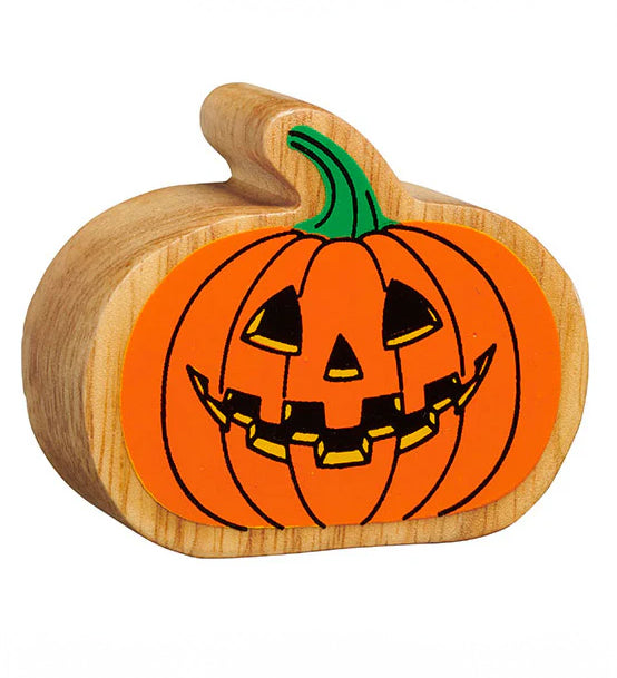 Lanka Kade wooden pumpkin toy with a fun Halloween face detail on one side. 