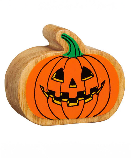 Lanka Kade wooden pumpkin toy with a fun Halloween face detail on one side. 