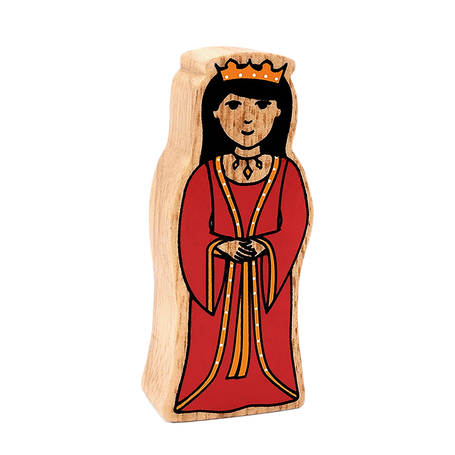 Wooden Lanka Kade Queen wearing a red dress with orange trim, black hair and a crown