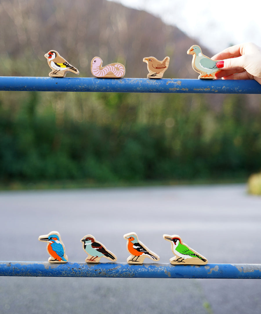 Lanka Kade Wooden Birds lined up in two rows. On the top (left to right) is the pigeon