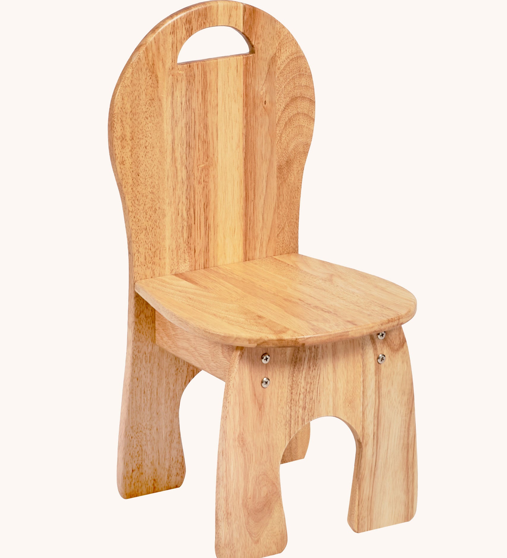 Lanka Kade Wooden Child's Chair. The chair is made from rubber wood and has a rounded seat and rounded high back design with a cut our handle.