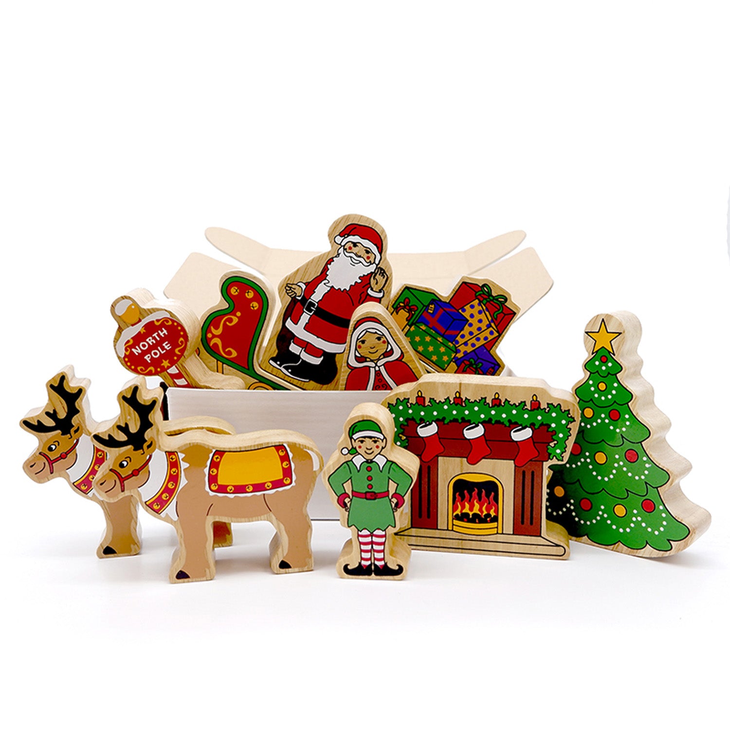 Lanka Kade Wooden Christmas Figures 10 Piece Set. Santa with sleigh and presents