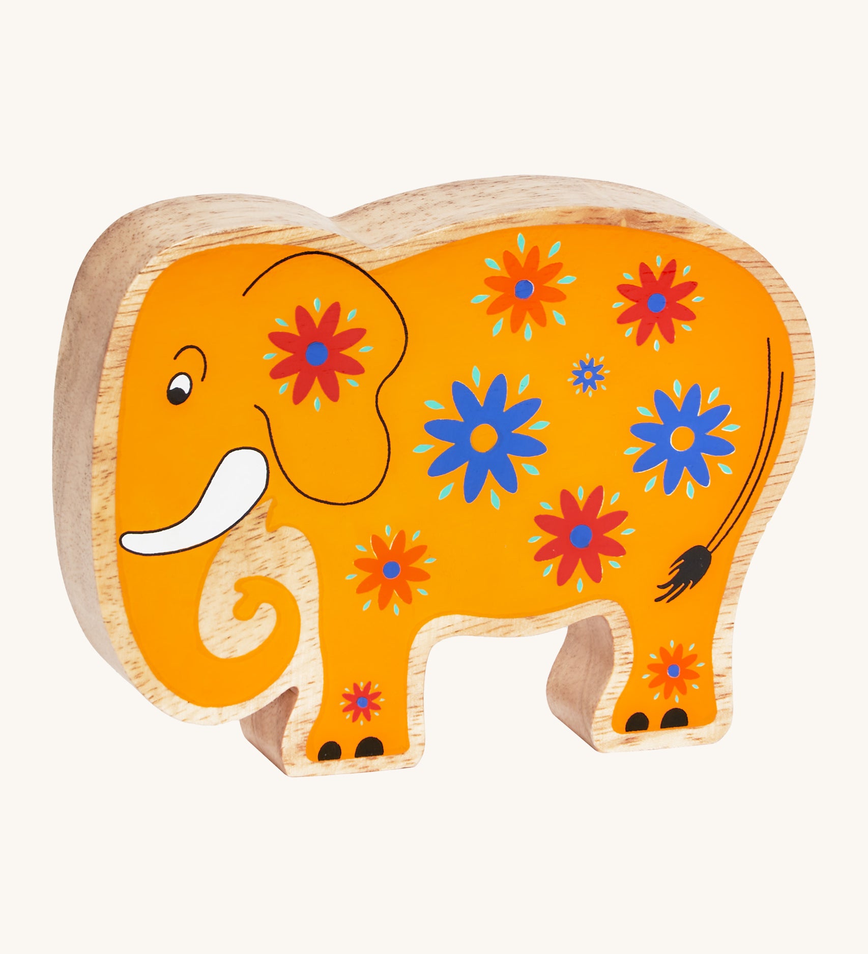 A yellow wooden Lanka Kade elephant with blue and red flowers on a cream background.