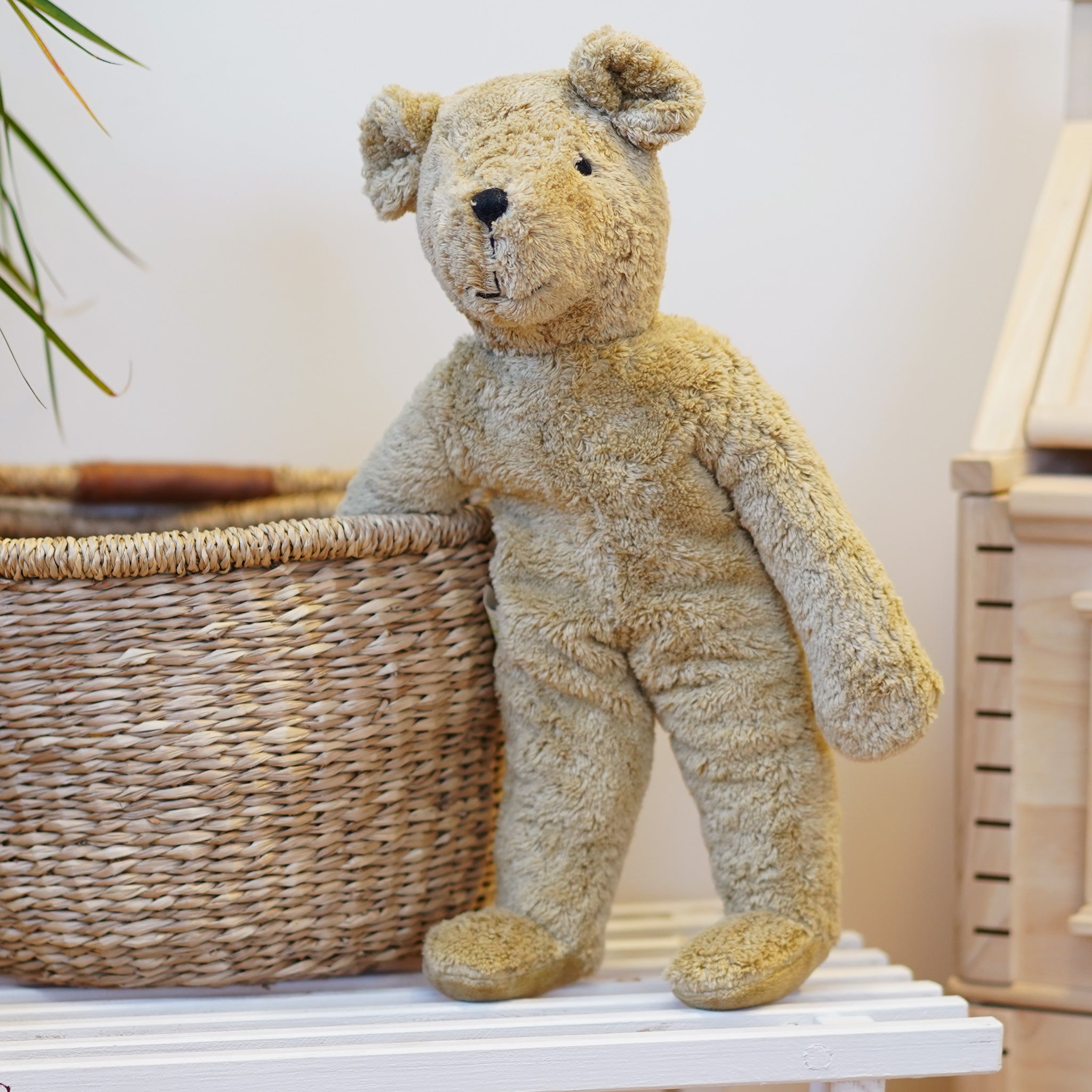 Senger Large Floppy Bear Toy - Beige. Made using sustainably-produced cotton and high-quality long-staple mohair that can easily be combed. The bear is on a cream background