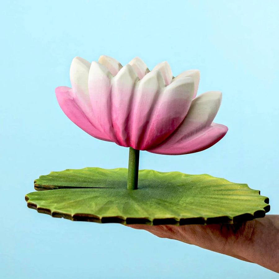 Bumbu Large Wooden Lotus Flower. A pink and white Lotus Flower with a green stalk and green base