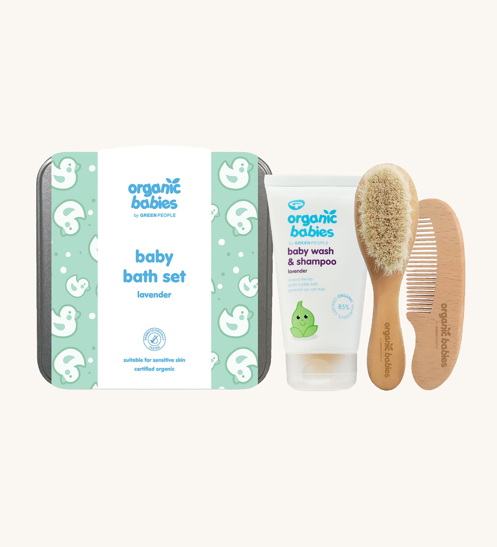 Green People Organic Babies Baby Bath Set - Lavender. Included in the gift set is Baby Wash & Shampoo 150ml, a soft natural brush, and a comb.