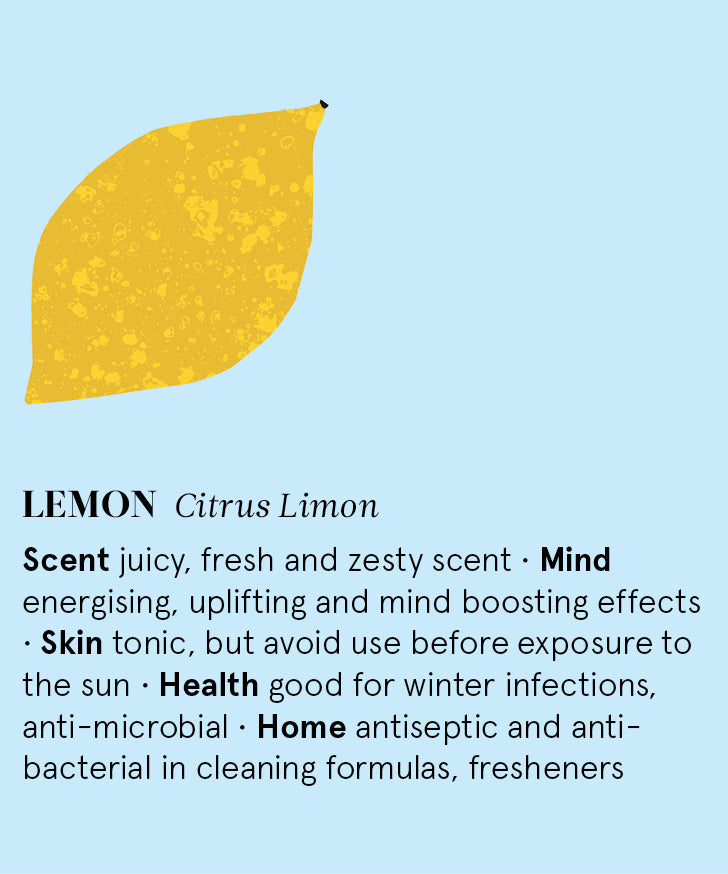 Infographic showing the main benefits of Lemon essential oil.