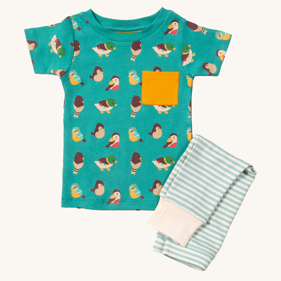 Little Green Radicals Garden Birds Organic T-Shirt & Jogger Playset, made from GOTS Organic Cotton, this cosy jogger set come with light blue and light cream striped jogger pants, a teal t-shirt with fun garden birds design and a yellow pocket on the fron