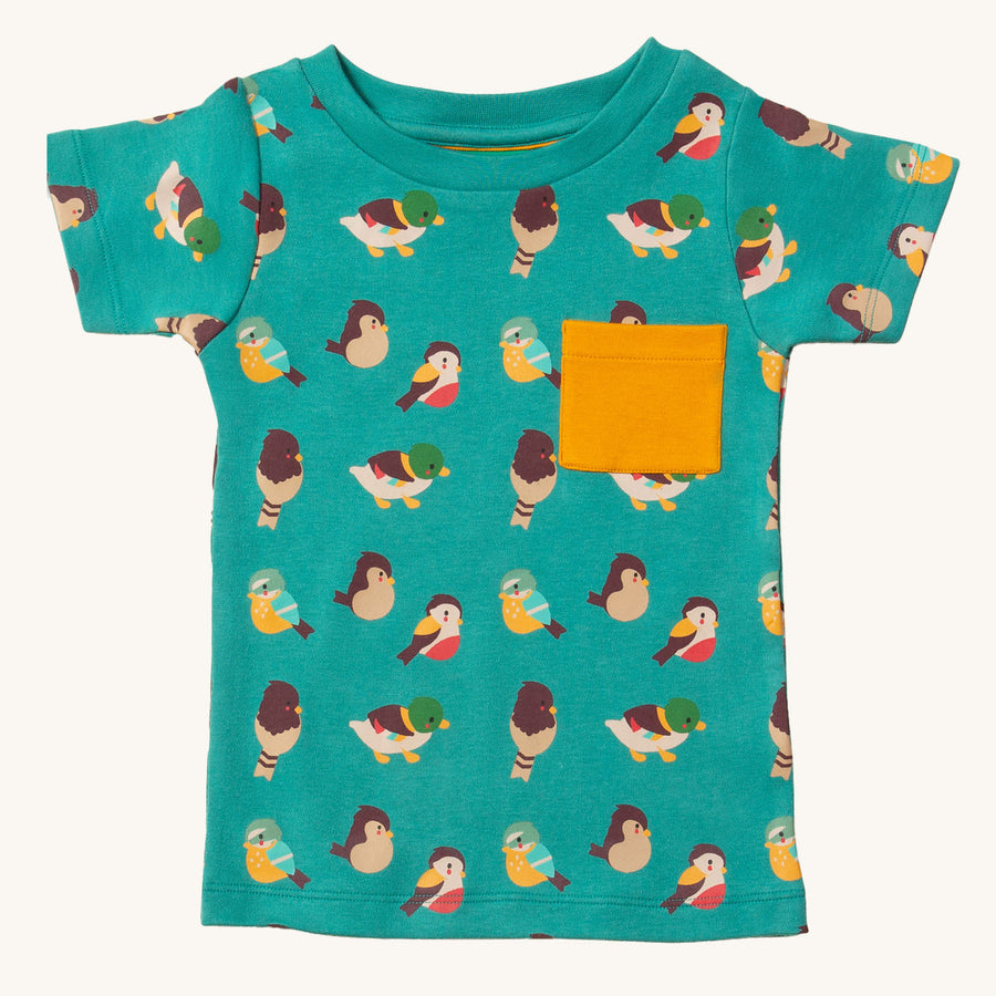  a teal t-shirt with fun garden birds design and a yellow pocket on the fron