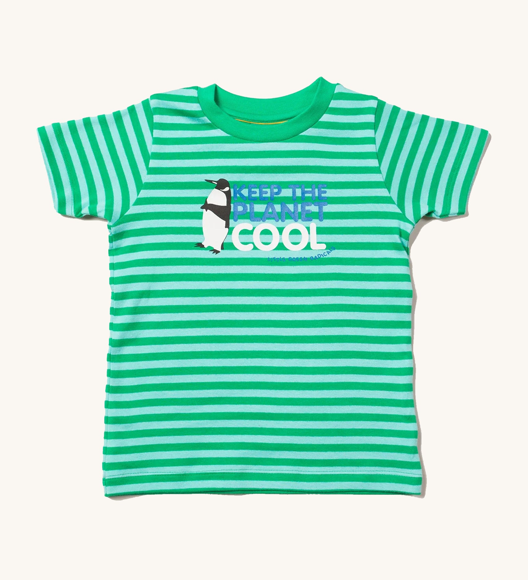 Little Green Radicals Children's Organic Cotton Keep The Planet Cool Short Sleeve T-Shirt, with green and light green/blue stripes, blue and white lettering with a penguin logo. On a cream background