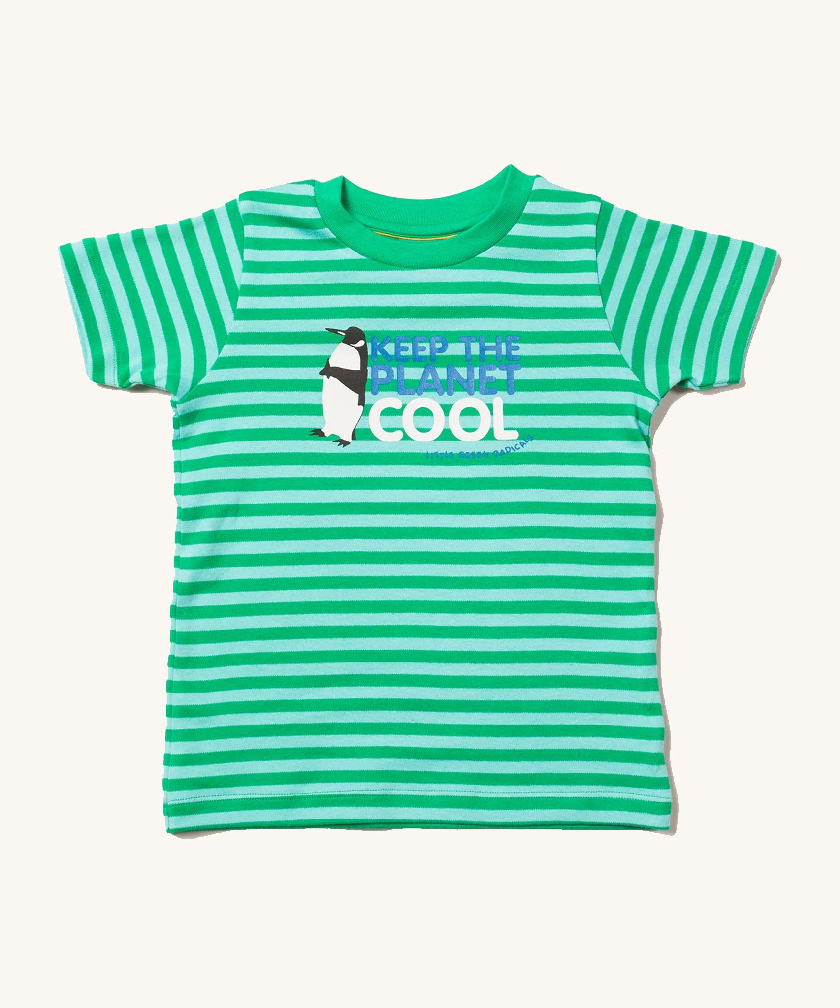 Little Green Radicals Children's Organic Cotton Keep The Planet Cool Short Sleeve T-Shirt, with green and light green/blue stripes, blue and white lettering with a penguin logo. On a cream background