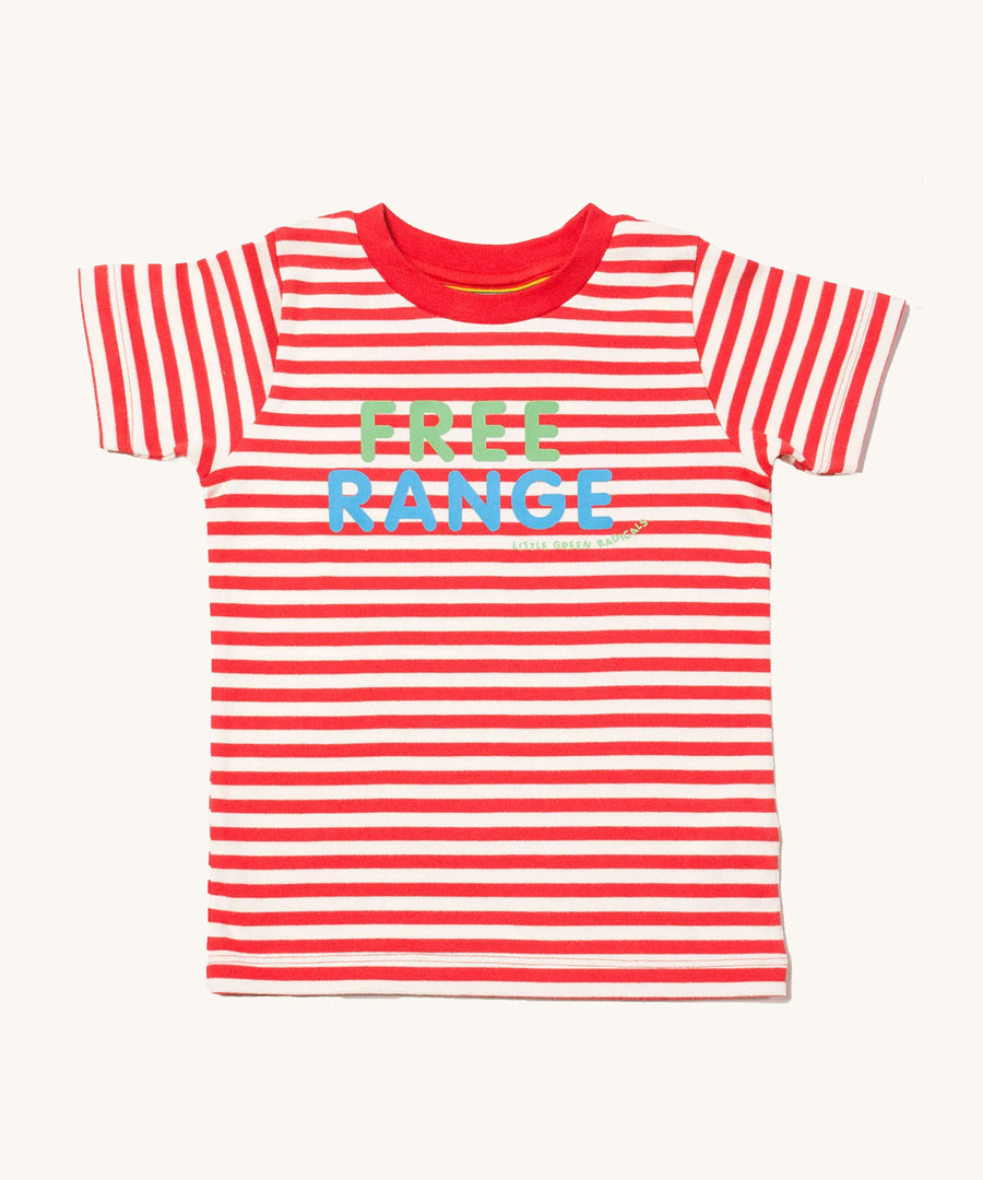  Little Green Radicals Free Range Top, made from organic cotton with red and white stripes, and green and blue lettering on a cream background