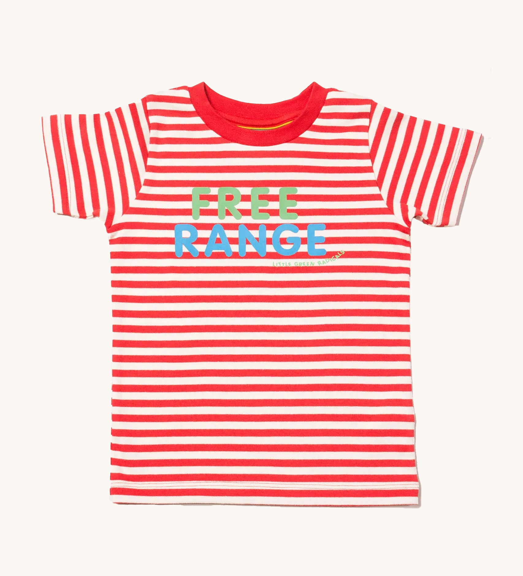  Little Green Radicals Free Range Top, made from organic cotton with red and white stripes, and green and blue lettering on a cream background