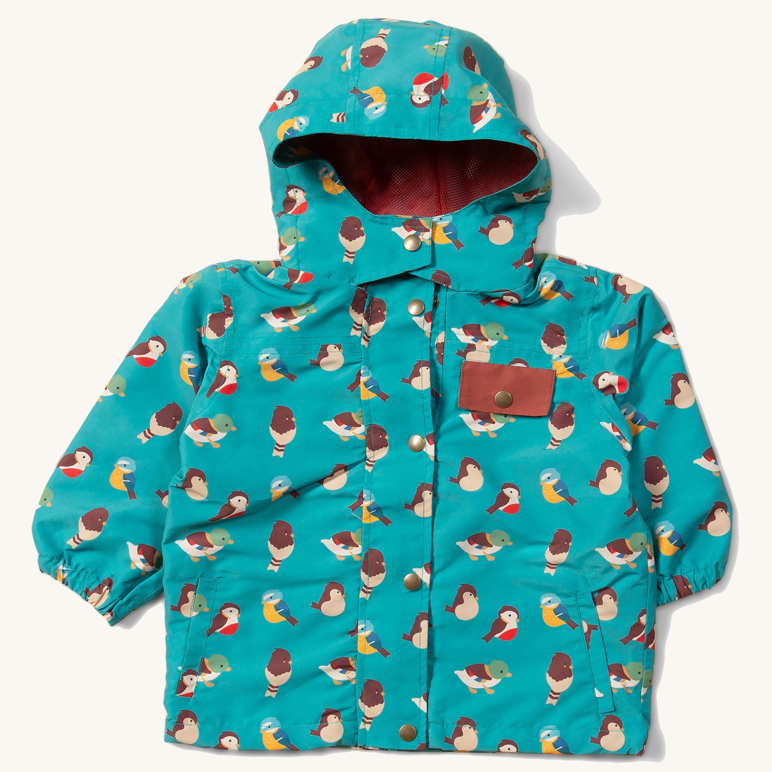 Little Green Radicals Garden Birds Recycled Waterproof Windbreaker Jacket, made from 100% Recycled Polyester, this beautiful jacket is windproof and waterproof. The coat is a beautiful teal green, patterned with various garden bird prints in a fun design,