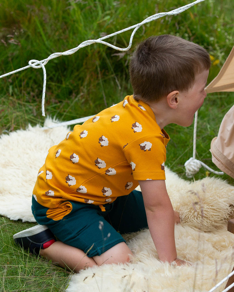  this t-shirt has a fun sheep print on orange fabric