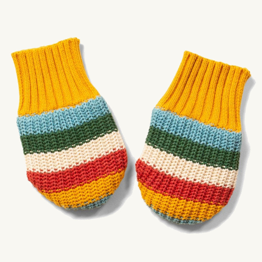 LGR Rainbow Striped Knitted Mittens on a plain background.