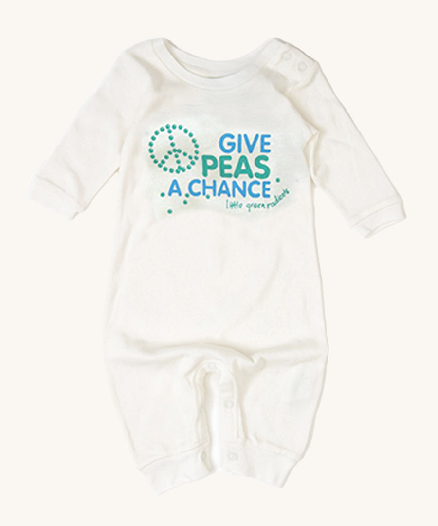 Little Green Radicals Give Peas A Chance Organic Cotton Babygrow on a cream background