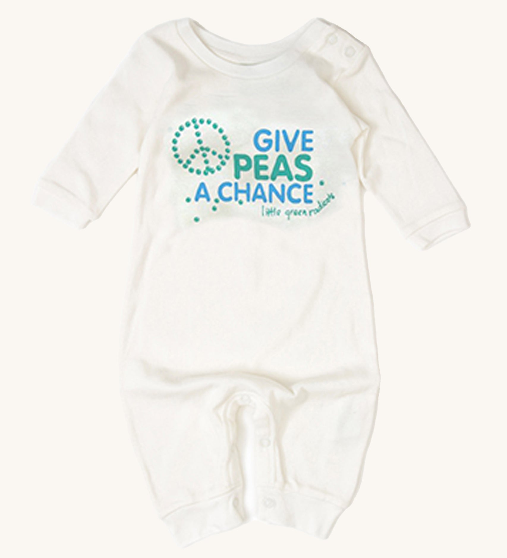 Little Green Radicals Give Peas A Chance Organic Cotton Babygrow on a cream background