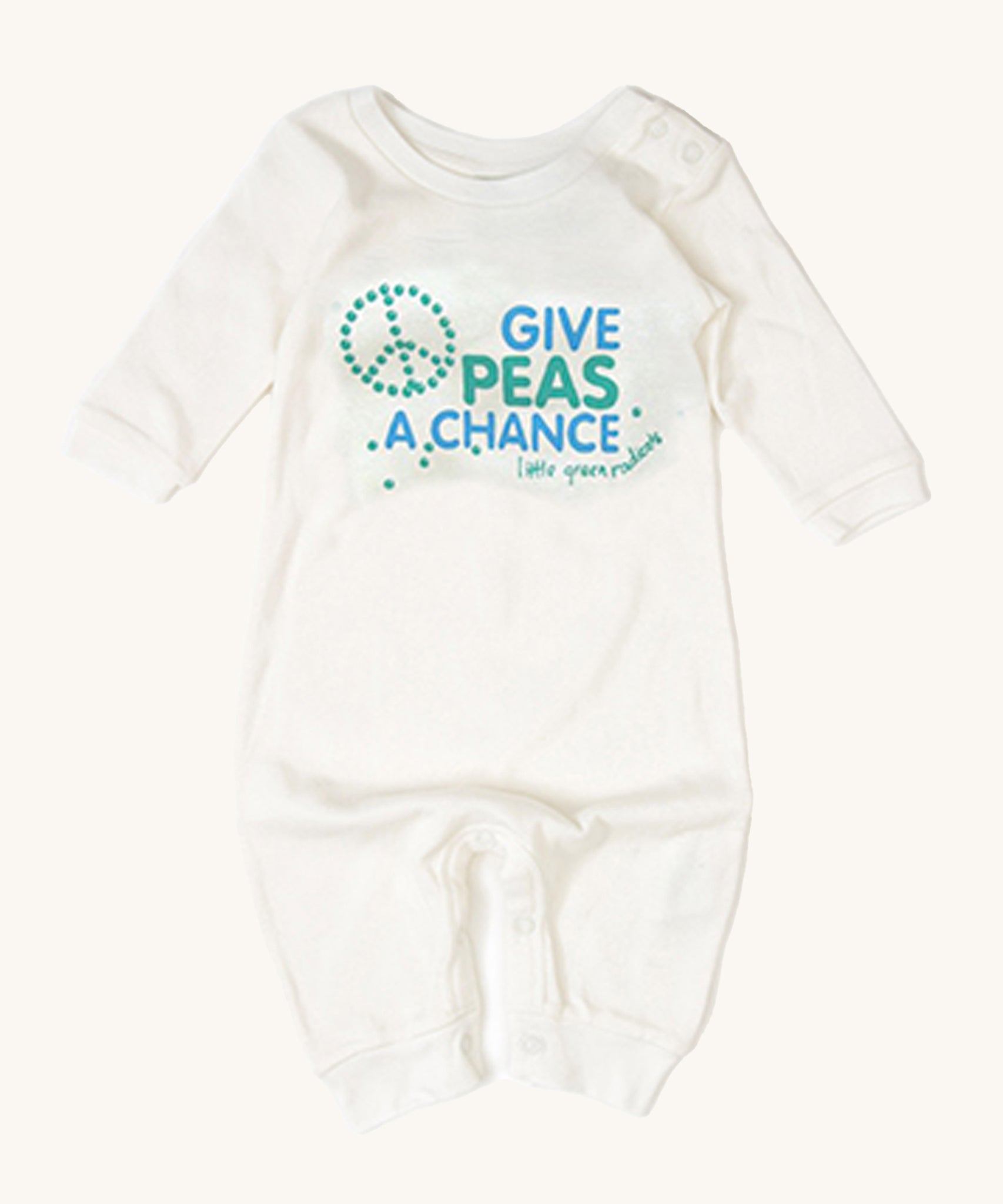 Little Green Radicals Give Peas A Chance Organic Cotton Babygrow on a cream background