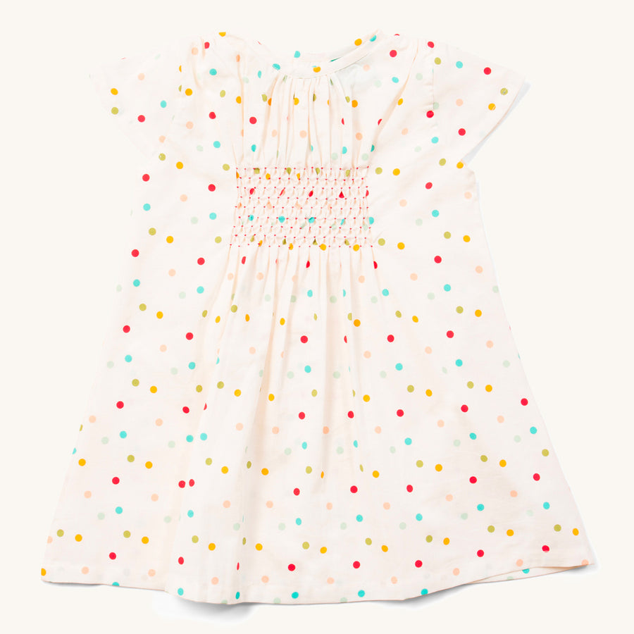 LGR children's organic cotton rainbow spots smock dress on a white background