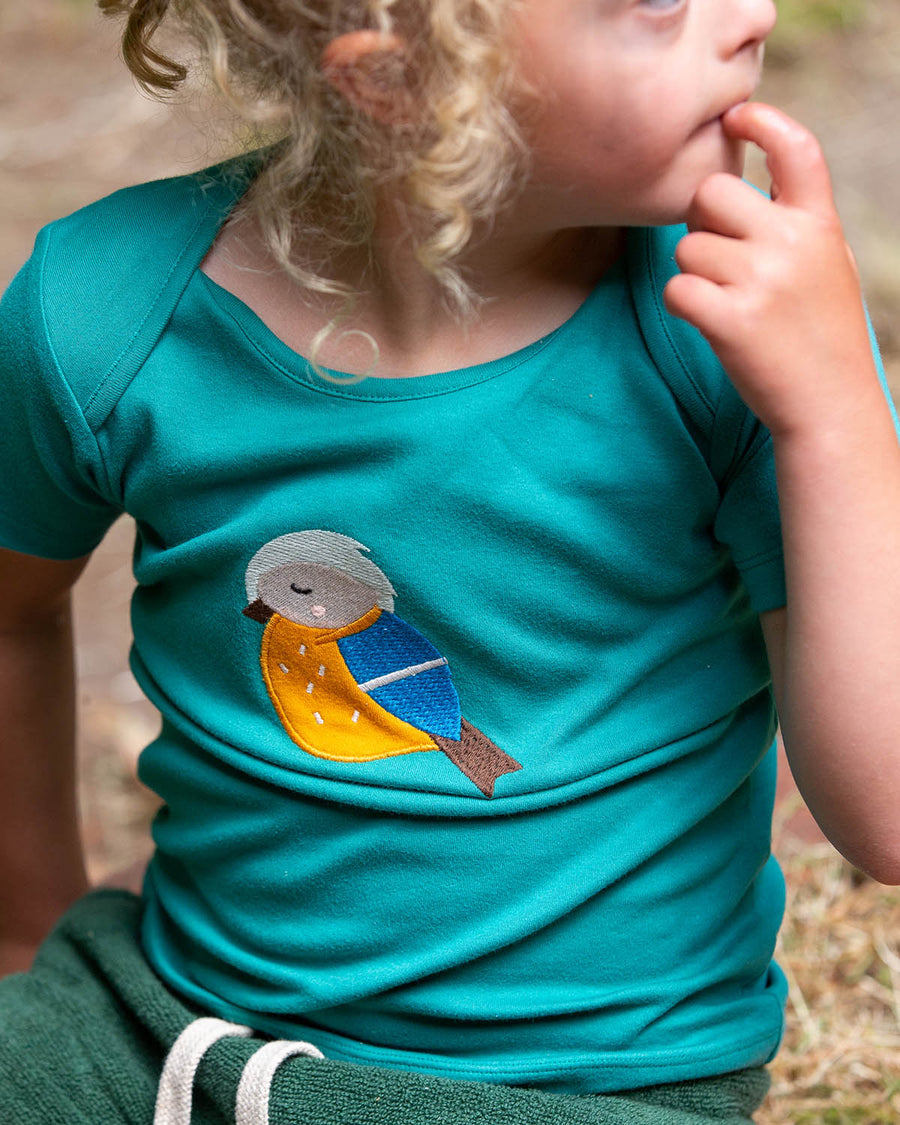  a beautiful green t-shirt with a sleepy bird applique which has a yellow belly