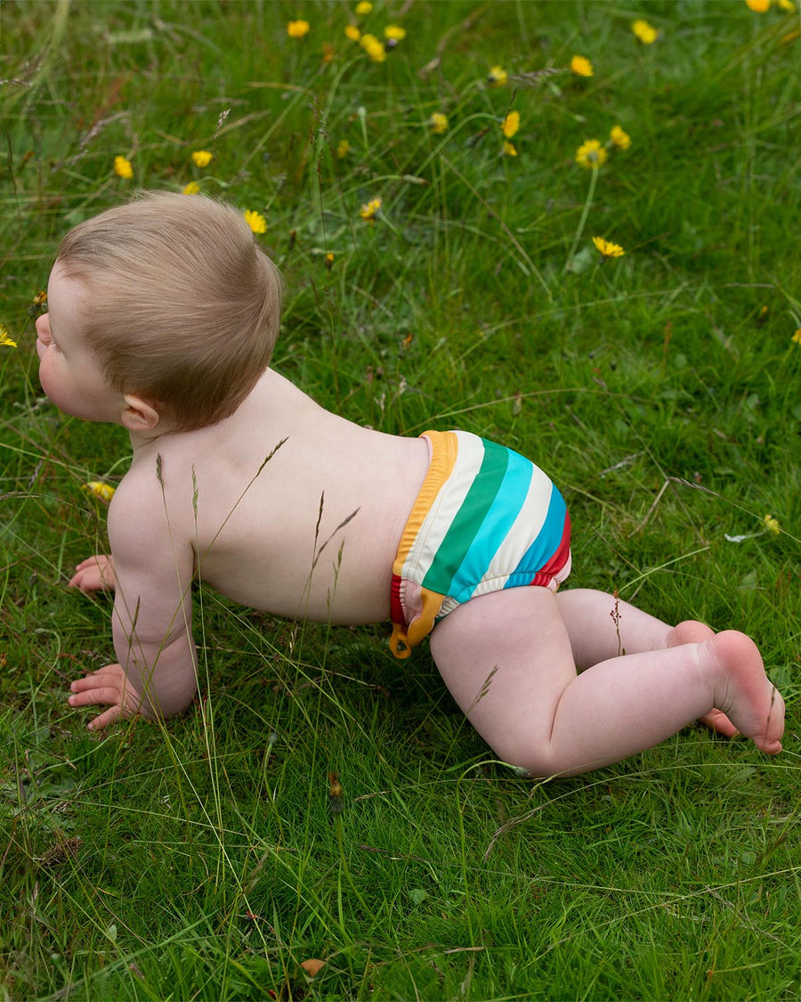  this fun rainbow striped swimming nappy comes with an elastic drawstring at the front